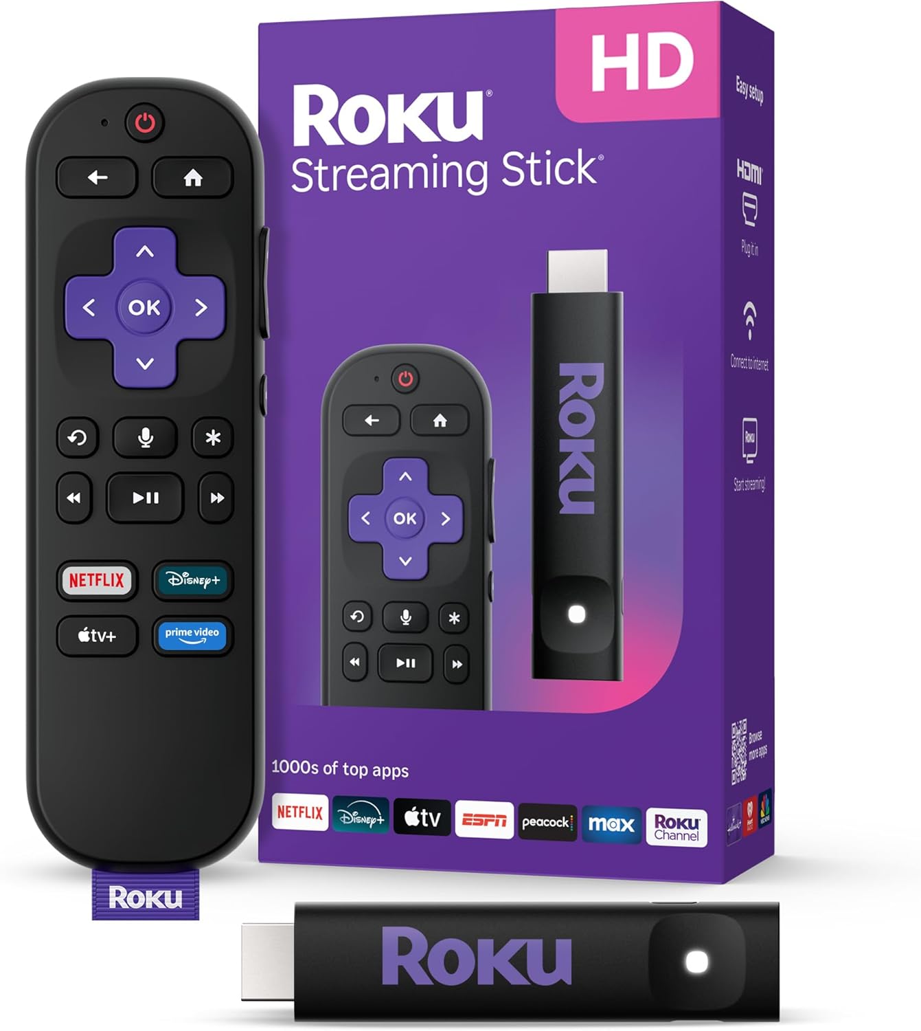 Roku Streaming Stick HD – Portable HD Streaming Device with Voice Remote & Free Live TV